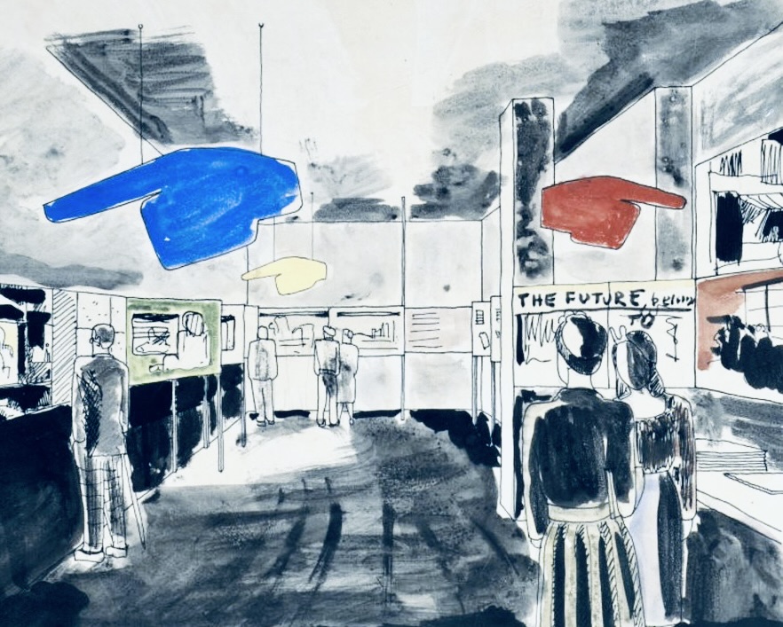 Ernő Goldfinger, Design for the 'London Women's Parliament' Exhibition, Boots, Piccadilly Circus, London, 1943, drawing, ink, RIBA Collections, Royal Institute of British Architects, London.